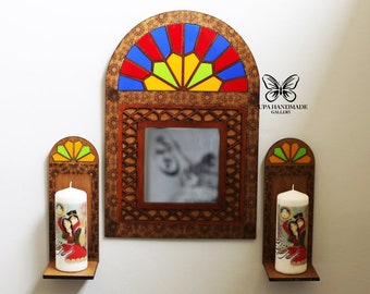 Haft sin mirror, Persian New Year, Handmade Persian Orsi Mirror, Candle Holder Set  Wall Mounted Wooden Decor, haft sin decoration, Nowruz
