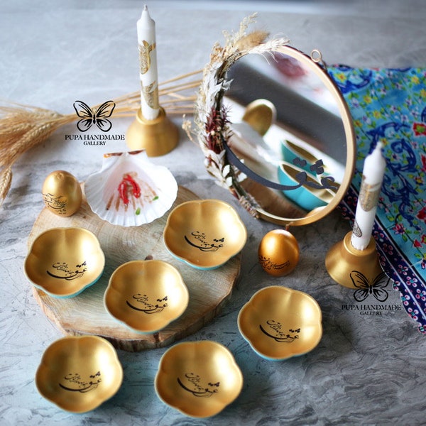 Gold Haft sin set, New Year,Happy nowruz, haft seen ,Sofreh Haftseen, Handmade made in uk, Nowruz decoration