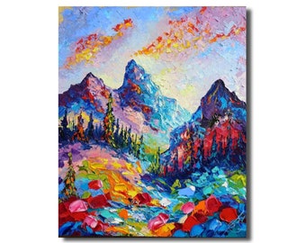 Colorado Rocky Mountains  sunset autumn forest 24:20” Original impasto 3d oil  painting on  canvas textured  wall art palette knife artwork