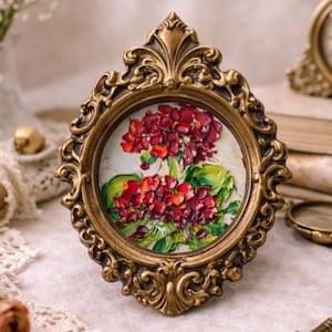 Red Pelargonium Geranium Floral Oil Painting: 3D Impasto Art in Vintage Gold Frame 6×5"
