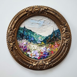 Paysage de montagne de champs de fleurs sauvages 8:8" Peinture à l'huile 3d originale d'empâtements sur toile plâtre vintage fait main encadrée oeuvre de couteau à palette