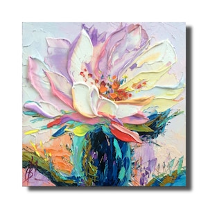 Cactus floreciente desierto floral abstracto 8:8 "Pintura al óleo 3D original empastada sobre panel, arte de pared texturizado, obra de arte con espátula