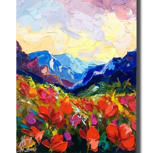 Rote Mohnblumen-Felder Grand-Teton-Nationalpark Wyoming 16: 12 ”Original farbintensives 3D-Ölgemälde auf Leinwand Spachtelmesser