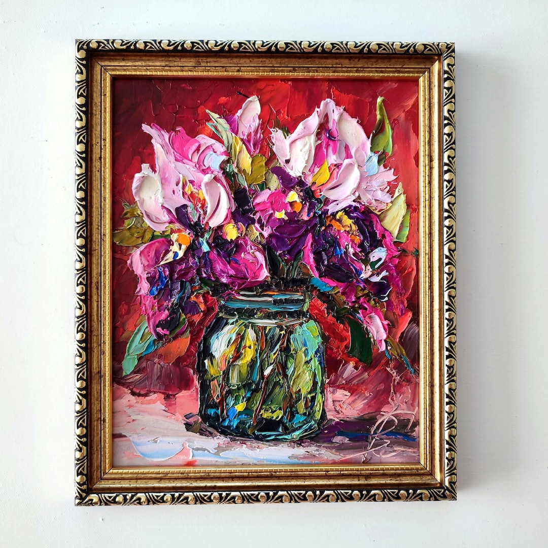Original Impasto Iris Oil Painting, Purple Pink Floral Art, Textured ...