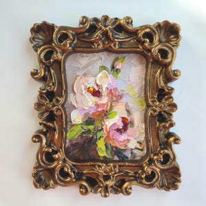 Vintage floral bohème pivoine 7: 6" empâtement original 3D peinture à l'huile fait main plâtre vintage or encadré texturé art mural couteau à palette