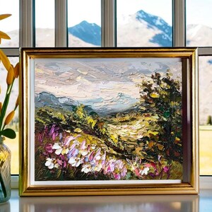 Paysage de montagne de champs de fleurs sauvages Colorado 8:10" Peinture à l'huile 3d originale d'empâtements sur une oeuvre de couteau à palette sans cadre