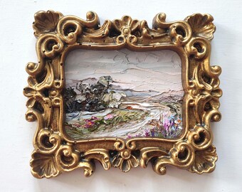 Vintage Wildflower Field Oil Painting: Colorado Landscape in Gold Frame 6/7"