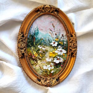 Wildblumen felder berglandschaft 12:8” Original 3D Ölgemälde auf Leinwand handgemachter vintage Spachtel Kunstwerk