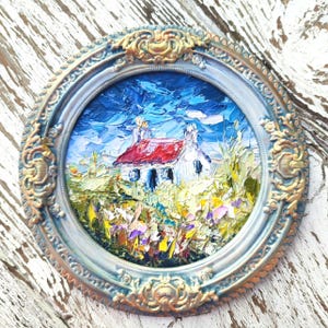 Peinture Irlande Cottage irlandais 8:8" Peinture à l'huile originale 3D empâtement sur toile plâtre vintage fait main encadrée oeuvre de couteau à palette