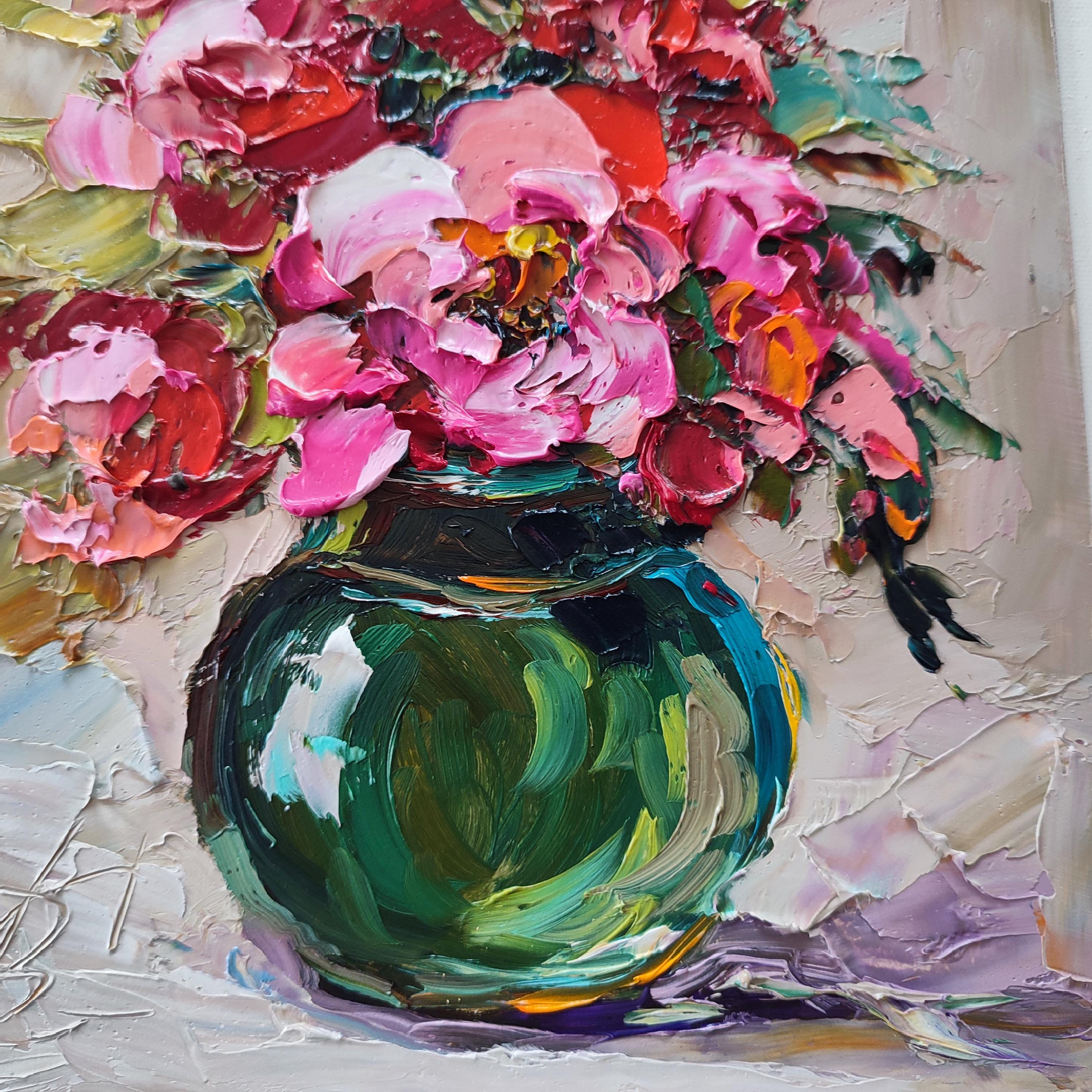 Pink Peony Oil Painting: Impasto Floral Art on Panel, 8x10" - Etsy