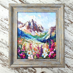 Champs de fleurs sauvages, paysage des montagnes Rocheuses du Colorado 12:10" Peinture à l'huile 3d originale empâtement sur panneau texturé art mural art couteau à palette