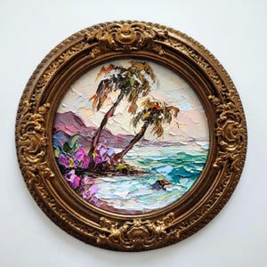 Parc national de Hawaii Palm Beach 8:8" Peinture à l'huile 3D originale empâtement sur toile oeuvre d'art au couteau à palette en plâtre vintage fait main or encadré