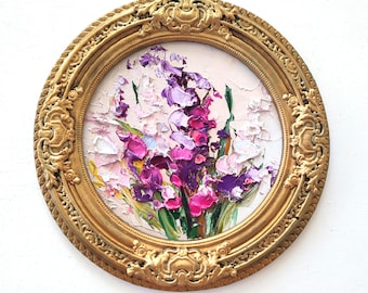 Pintura al óleo de un campo de lavanda en un marco vintage: Arte floral con técnica de impasto de 8/8".