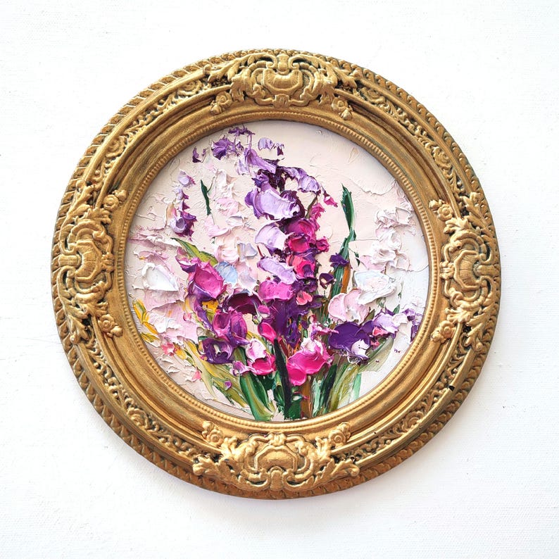 Lavender Field Oil Painting in Vintage Frame: Impasto Floral Art 8/8" image 1