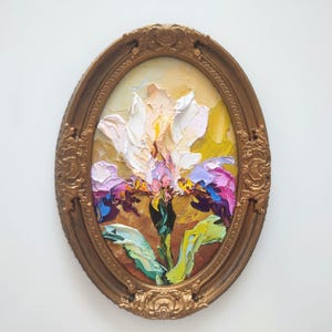 Iris bohème fleurs d'iris 8:6" peinture à l'huile 3d originale sur toile plâtre fait main vintage encadré art mural texturé art couteau
