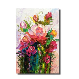Cactus floreciente desierto floral abstracto 12:8” Pintura al óleo 3D original empaste sobre panel, arte de pared texturizado, obra de arte con espátula