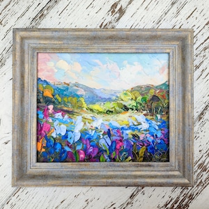 Flores silvestres de Texas Hill Country Old Oak Bluebonnets 10:12” Pintura al óleo 3D original con textura de panel y espátula