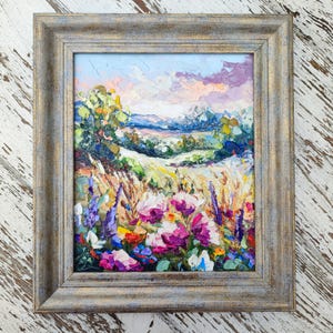 Paisaje de campos de flores silvestres en las Montañas Rocosas de Colorado, pintura al óleo 3D original de 12:10", arte de pared texturizado enmarcado con espátula.