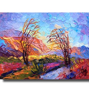 Paisaje de las montañas del suroeste del desierto de Ocotillo, Arizona 7:9 Pintura al óleo 3D original con textura de panel y espátula