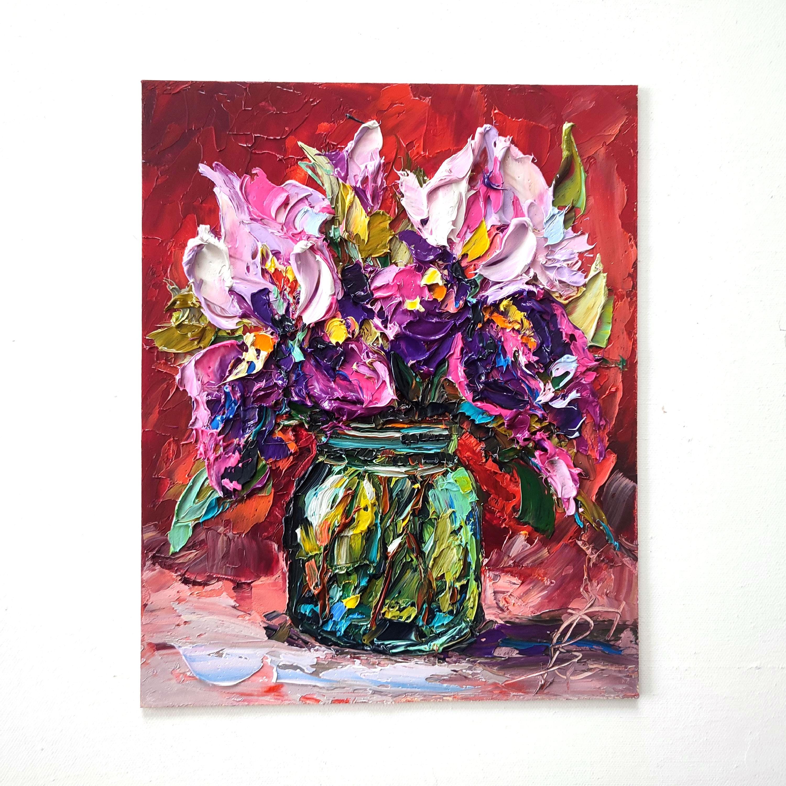 Original Impasto Iris Oil Painting, Purple Pink Floral Art, Textured ...