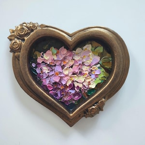 Hortensia Boho Garden floral 5: 6" peinture à l'huile 3d originale sur toile plâtre fait main vintage encadré oeuvre d'art murale texturée au couteau