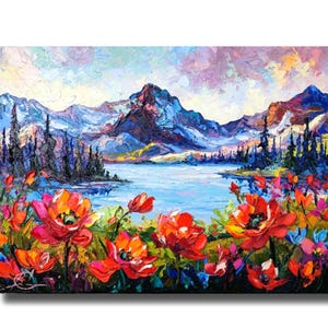 Roter Mohn Felder Grand Teton Nationalpark Wyoming 20:28 ”Original pastoses 3D-Ölgemälde auf Leinwand strukturiertes Wandkunst-Palettenmesserkunstwerk