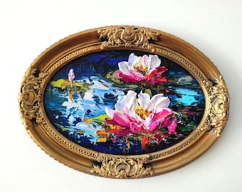 Water lily Flower Oil Painting: 3D Impasto Art in Vintage Gold Frame 8/12"