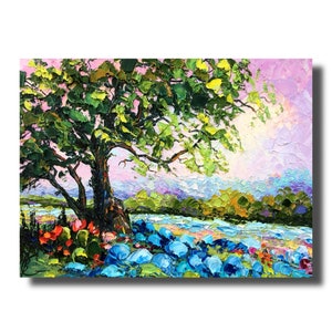 Texas Hill Country Old Oak Bluebonnets 12:16” Original impasto 3d oil painting on canvas textured wall  art palette knife artwork