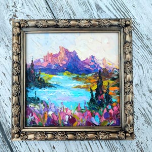 Wilde bloemenvelden Colorado Rocky Mountains landschap 8:8" origineel impasto 3D-olieverfschilderij op paneel INGELIJST Paletmeskunstwerk
