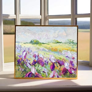 Campos de íris, paisagem de Hill Country 10:12” Pintura a óleo 3D original em painel SEM MOLDURA, arte de parede texturizada com espátula