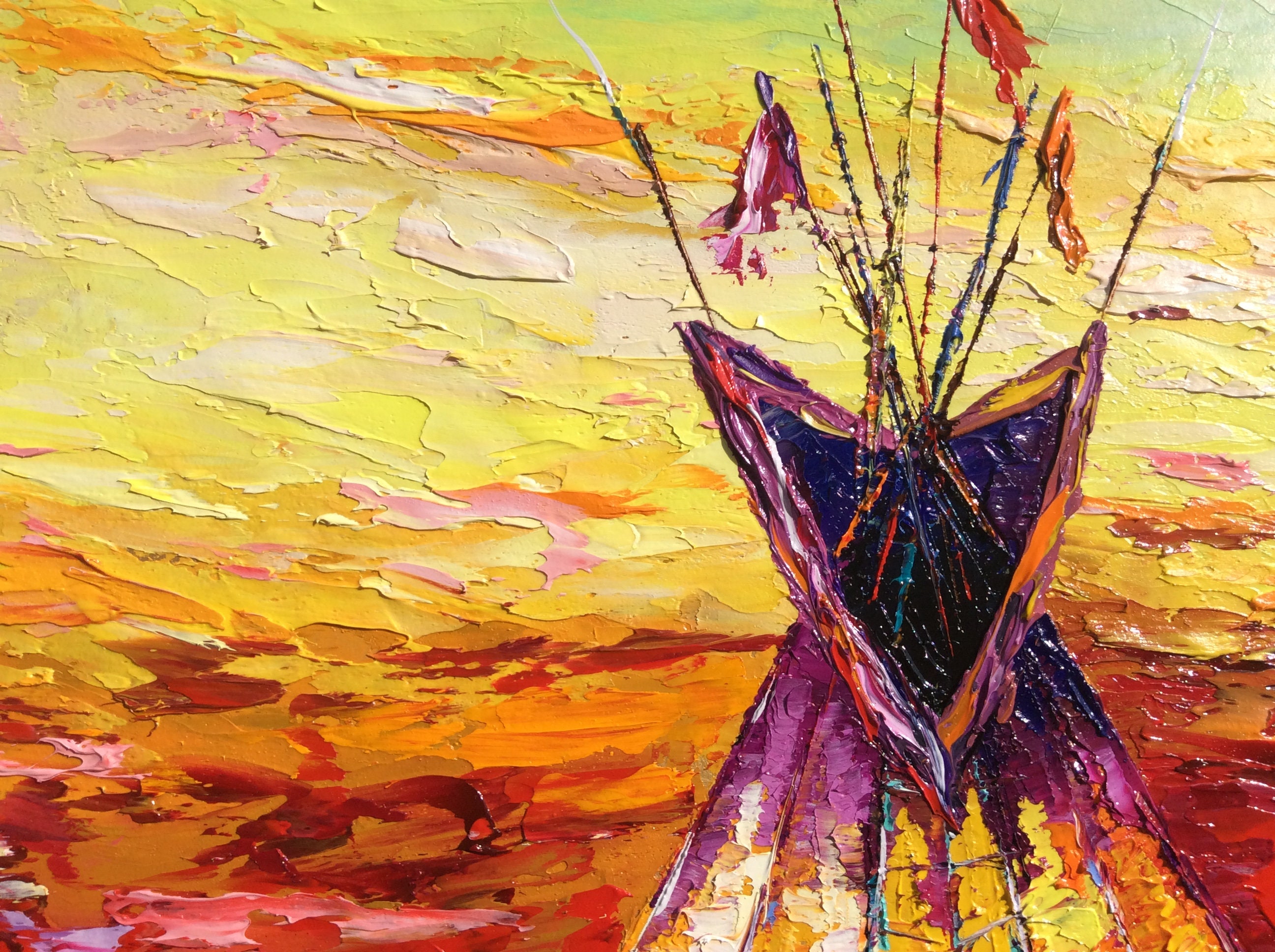 Tipi Oil Painting: Native American Impasto Art, Textured Palette