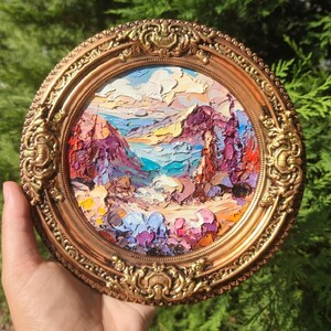 Paysage de montagne de champs de fleurs sauvages 8:8" Peinture à l'huile 3d originale d'empâtements sur toile plâtre vintage fait main encadrée oeuvre de couteau à palette