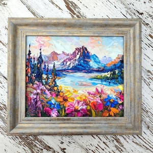 Wildblumen Felder Grand Teton Berglandschaft 10: 12 ”Original opasto 3D-Ölgemälde auf Malplatte Kunst Spachtel Kunstwerk