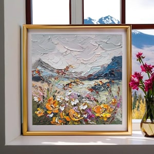 Paysage de montagne de champs de fleurs sauvages Colorado 8:8" Peinture à l'huile 3d originale empâtement sur oeuvre de couteau à palette PANNEAU SANS CADRE
