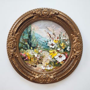 Paysage de montagne de champs de fleurs sauvages 8:8" Peinture à l'huile 3d originale d'empâtements sur toile plâtre vintage fait main encadrée oeuvre de couteau à palette