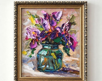 Iris Impasto Original Oil Painting: 8x10" Floral Textured Wall Art