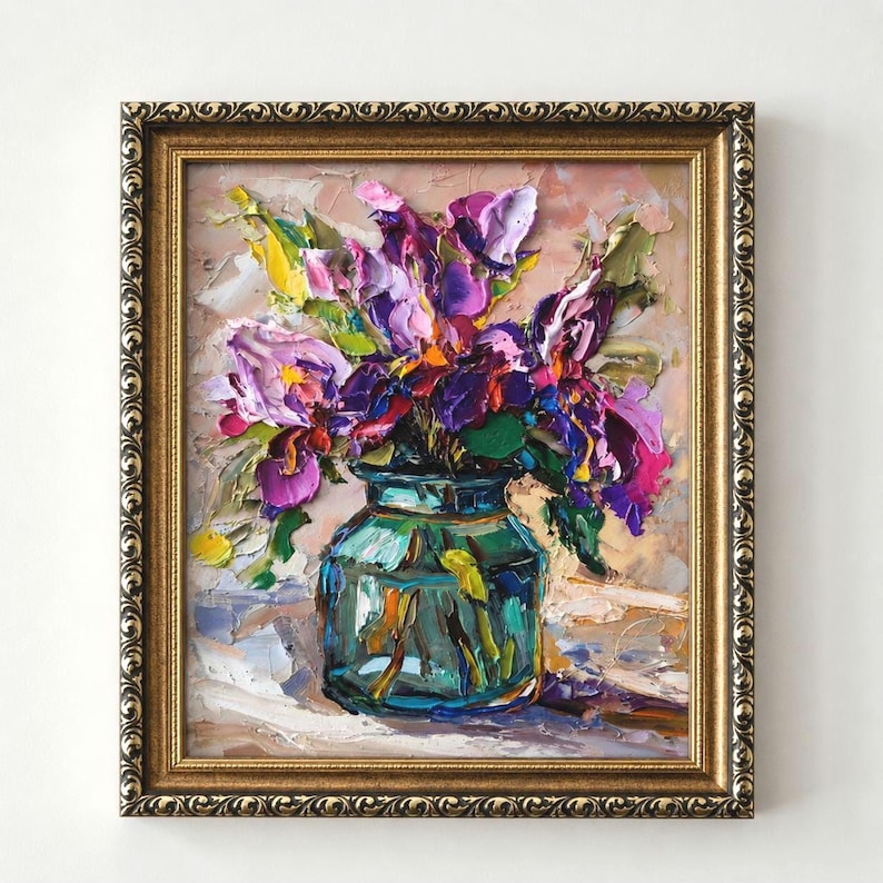 Iris Impasto Original Oil Painting: 8x10" Floral Textured Wall Art - Etsy
