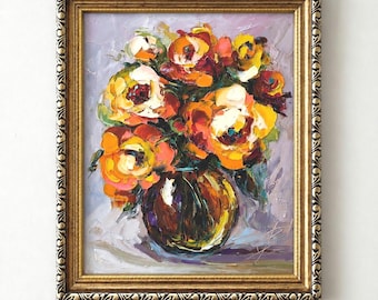 Pintura al óleo con técnica de impasto de peonía amarilla, arte mural con textura floral, marco de 10/8".