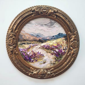 Paysage de montagne de champs de fleurs sauvages 8:8" Peinture à l'huile 3d originale d'empâtements sur toile plâtre vintage fait main encadrée oeuvre de couteau à palette
