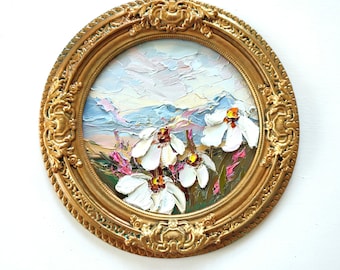Wildflower Field Oil Painting, Mountain landscape: 3D Impasto, Vintage Gold Frame 8/8"