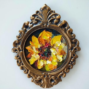 Tournesols Boho floral 6:5" Original empâtement 3d peinture à l'huile sur panneau en plâtre vintage fait main or encadré oeuvre de couteau à palette