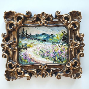 Campo de flores silvestres vintage, escena de naturaleza serena, paisaje de montaña de Colorado, pintura al óleo original hecha a mano, marco de yeso dorado vintage, 6:7"
