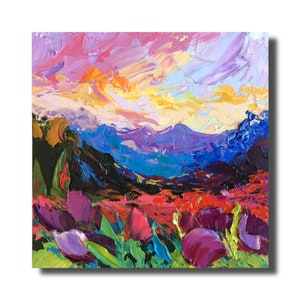 Campos de altramuces, paisaje de las Montañas Rocosas de Colorado, pintura al óleo 3D original de 6:6” sobre panel, arte de pared texturizado, obra de arte con espátula