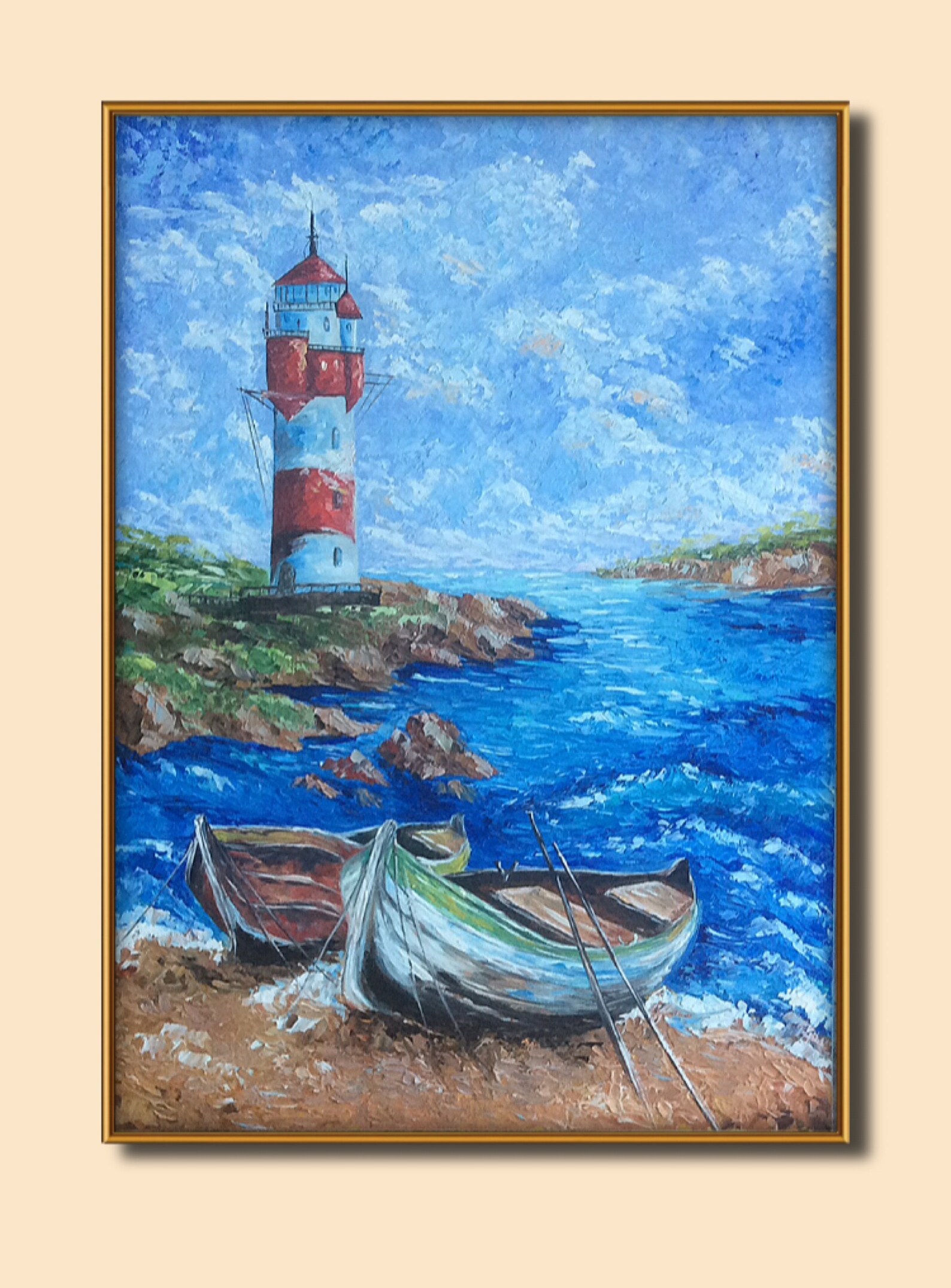 Lighthouse boats seascape 2820 Original oil textured on Etsy