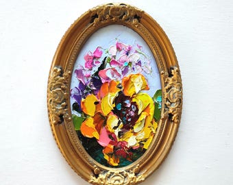 Sunflower Original Impasto oil Floral Art in Vintage oval ceramic Gold Frame 8/6"