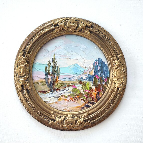 Sonoran Desert Oil Painting: 3D Impasto Cactus Landscape in Vintage Frame 8/8"