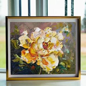 Peinture à l'huile 3d florale bohème jaune pivoine, empâtement originale sur panneau sans cadre, oeuvre d'art texturée au couteau