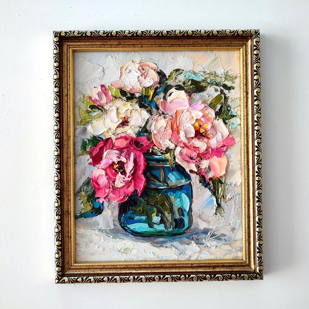 Vintage Peony Oil Painting: Textured Floral Palette Knife Art (10x8) on ...