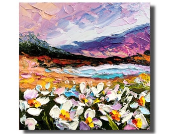 Gänseblümchen feldern Colorado Rocky Mountains Sonnenuntergang 6: 6 ”Original 3D-Ölgemälde auf Leinwand Kunst Spachtel Kunstwerk