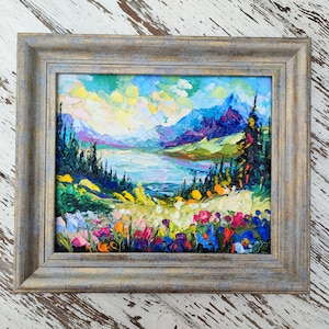 Wildblumen Felder Grand Teton Berglandschaft 10: 12 ”Original opasto 3D-Ölgemälde auf Malplatte Kunst Spachtel Kunstwerk